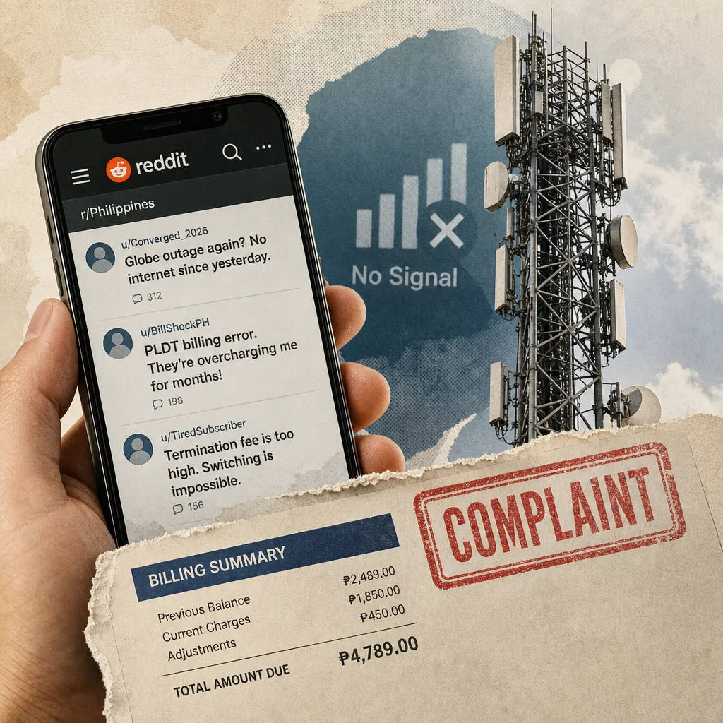A collage showing a hand holding a phone with social media complaints about telco outages and billing errors, a telecom tower with a "No Signal" icon, and a billing summary marked "Complaint," illustrating the trust gap as government touts digital inclusion but social media reveals telco outages, billing woes, and skepticism over prepaid load reforms.