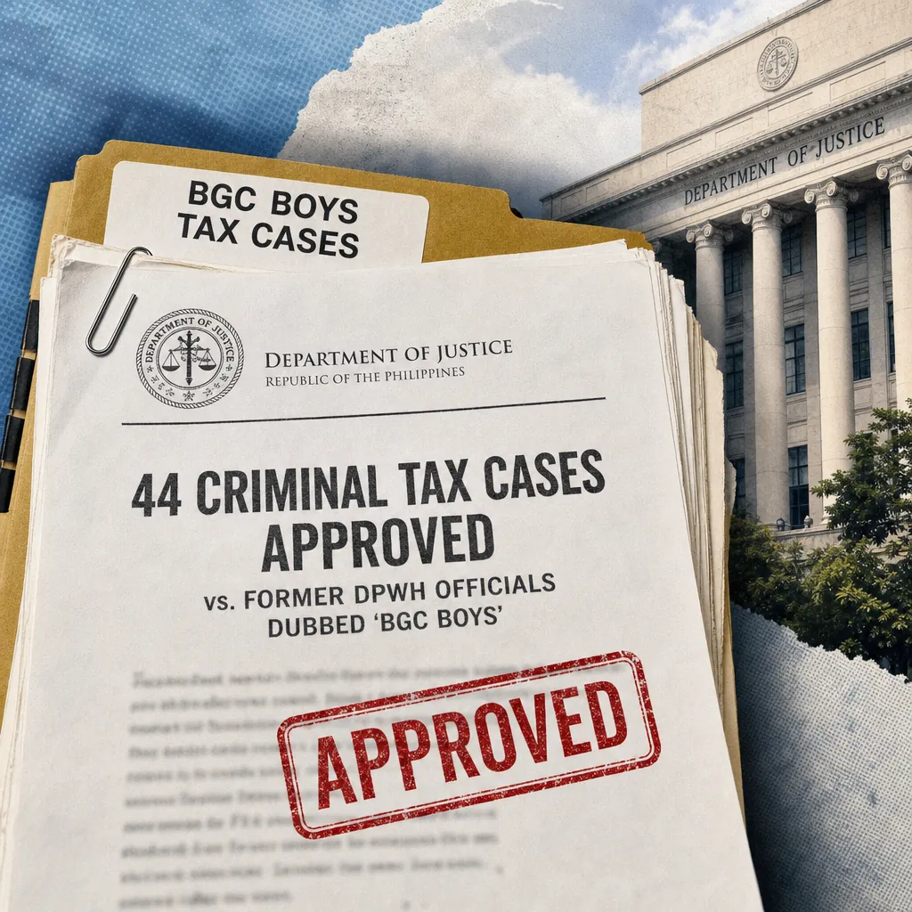 A stack of official documents labeled "BGC Boys Tax Cases" from the Philippine Department of Justice, with a large "APPROVED" stamp, is shown in front of the Department of Justice building, illustrating Philippine real estate faces reputational risks from corruption, infrastructure delays, cautious buyers, and a marketing push for Clark-area homes amid investor optimism.