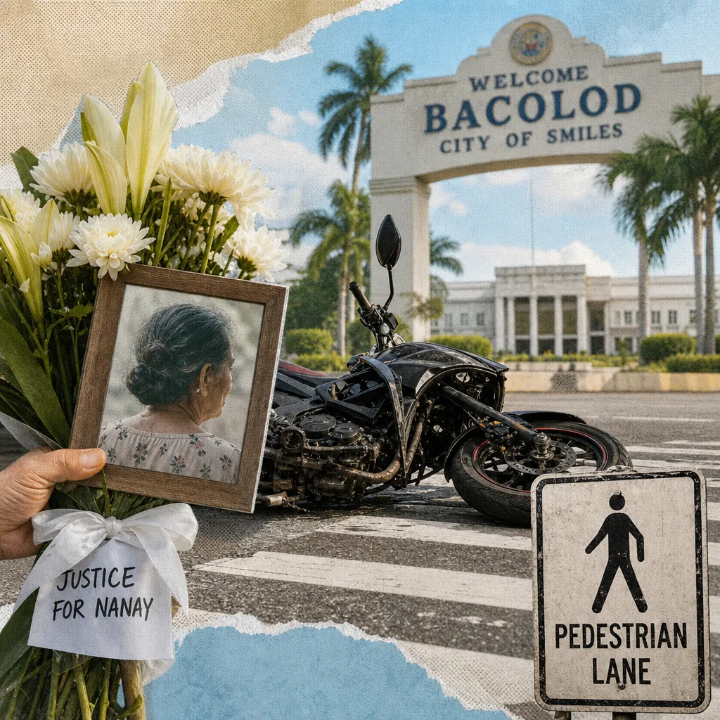 A fatal Bacolod crash sparks outrage over drunk driving, road safety, and impunity, showing a damaged motorcycle on a pedestrian lane in front of the Bacolod City welcome sign, with a hand holding flowers, a framed photo of an elderly woman, and a note reading "Justice for Nanay."