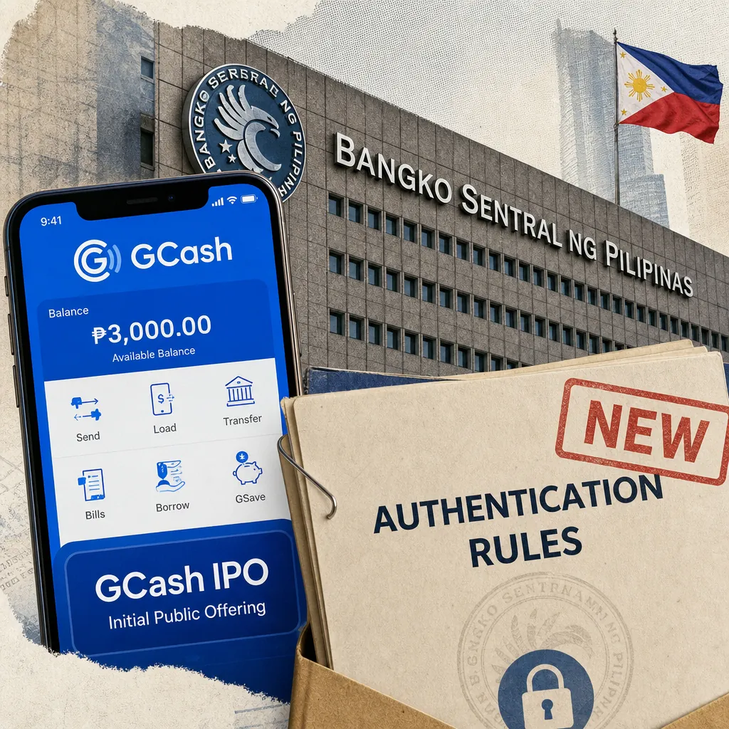 A collage showing the Bangko Sentral ng Pilipinas building with the Philippine flag, a smartphone displaying the GCash IPO screen, and a folder labeled "NEW AUTHENTICATION RULES," illustrating Fitch warns of rising credit risks for Philippine banks.