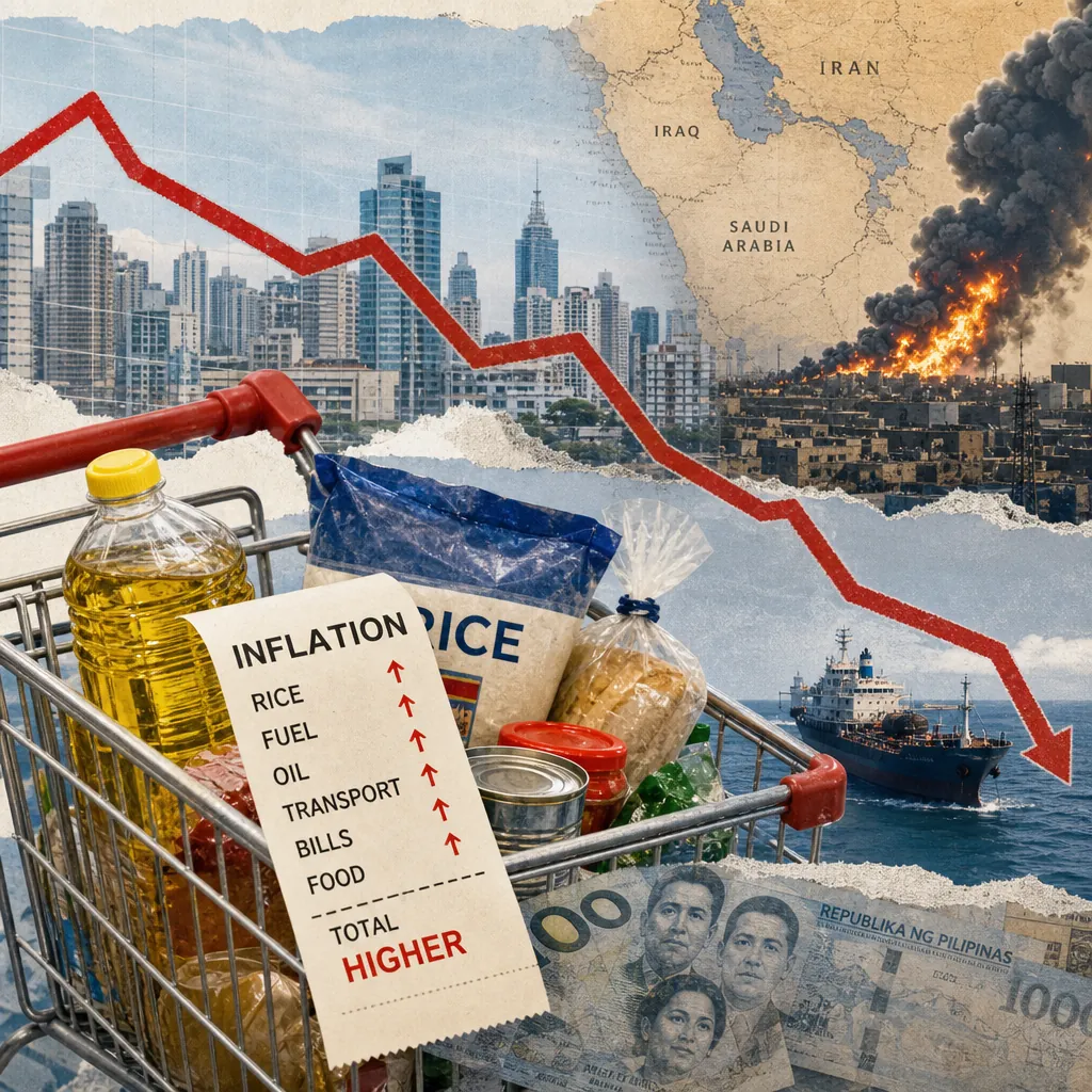 A shopping cart filled with groceries and a receipt showing rising inflation, with Philippine peso bills, a city skyline, a burning oil facility on a Middle East map, a cargo ship, and a red downward graph line, illustrating Philippine consumer confidence hits pandemic-era low amid inflation and conflict.