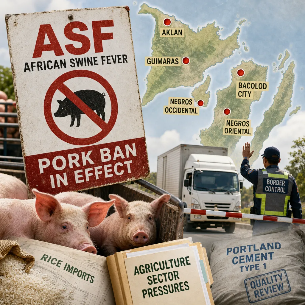 A collage showing a pork ban sign for African Swine Fever, pigs in a pen, a border control officer stopping a truck, a map of Visayas with highlighted provinces, rice imports, agriculture sector pressures, and a sack of cement, illustrating Visayas escalates ASF bans to protect swine industry.