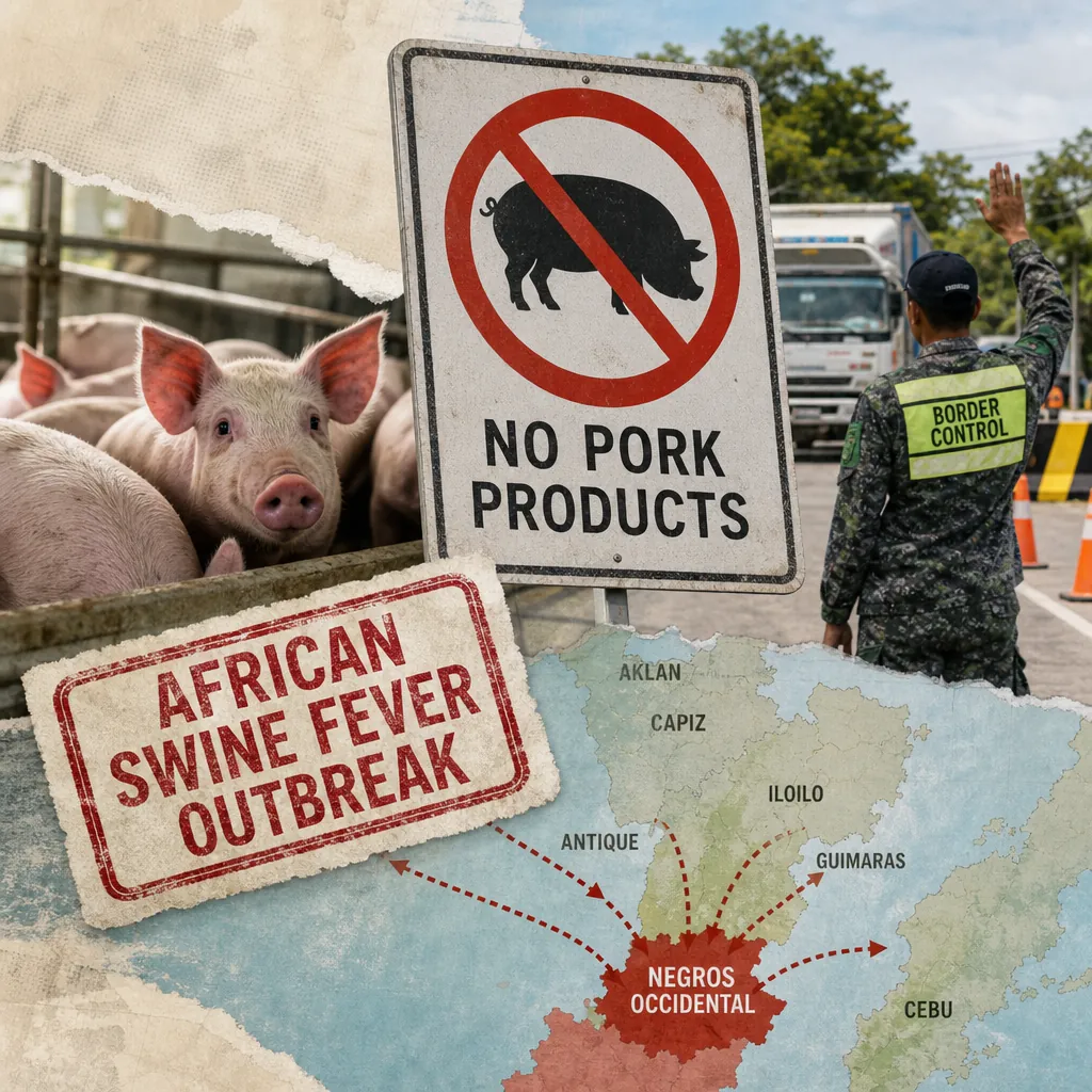 ASF outbreak in Visayas prompts regional lockdowns; collage shows pigs in a pen, a "No Pork Products" sign, a border control officer stopping vehicles, and a map highlighting Negros Occidental with arrows pointing to nearby provinces.