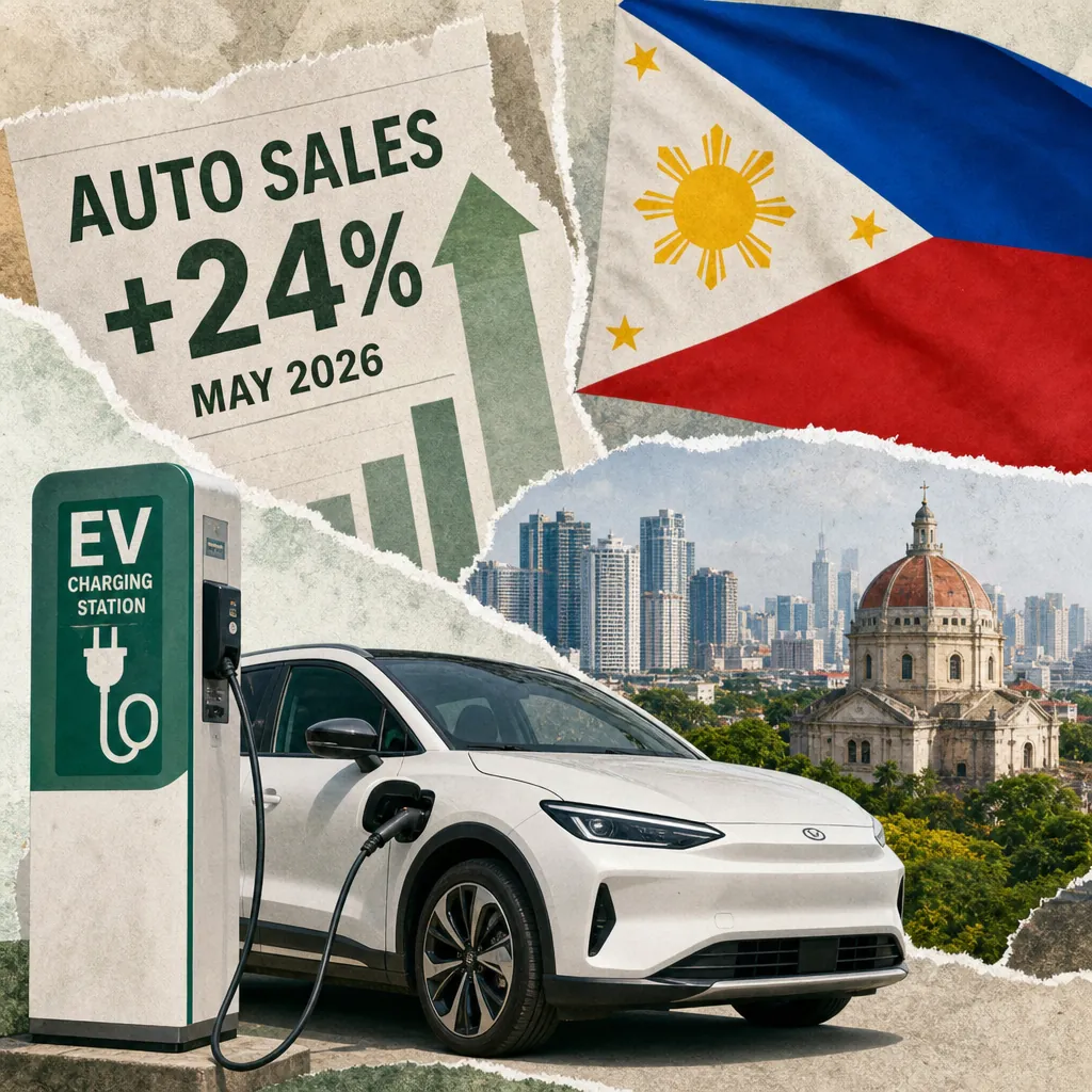 A collage showing a white electric vehicle charging at an EV station, a Philippine flag, Manila city skyline with a historic dome, and a torn paper graphic reading "Auto Sales +24% May 2026," illustrating Philippine auto sales surged 24% in May 2026.
