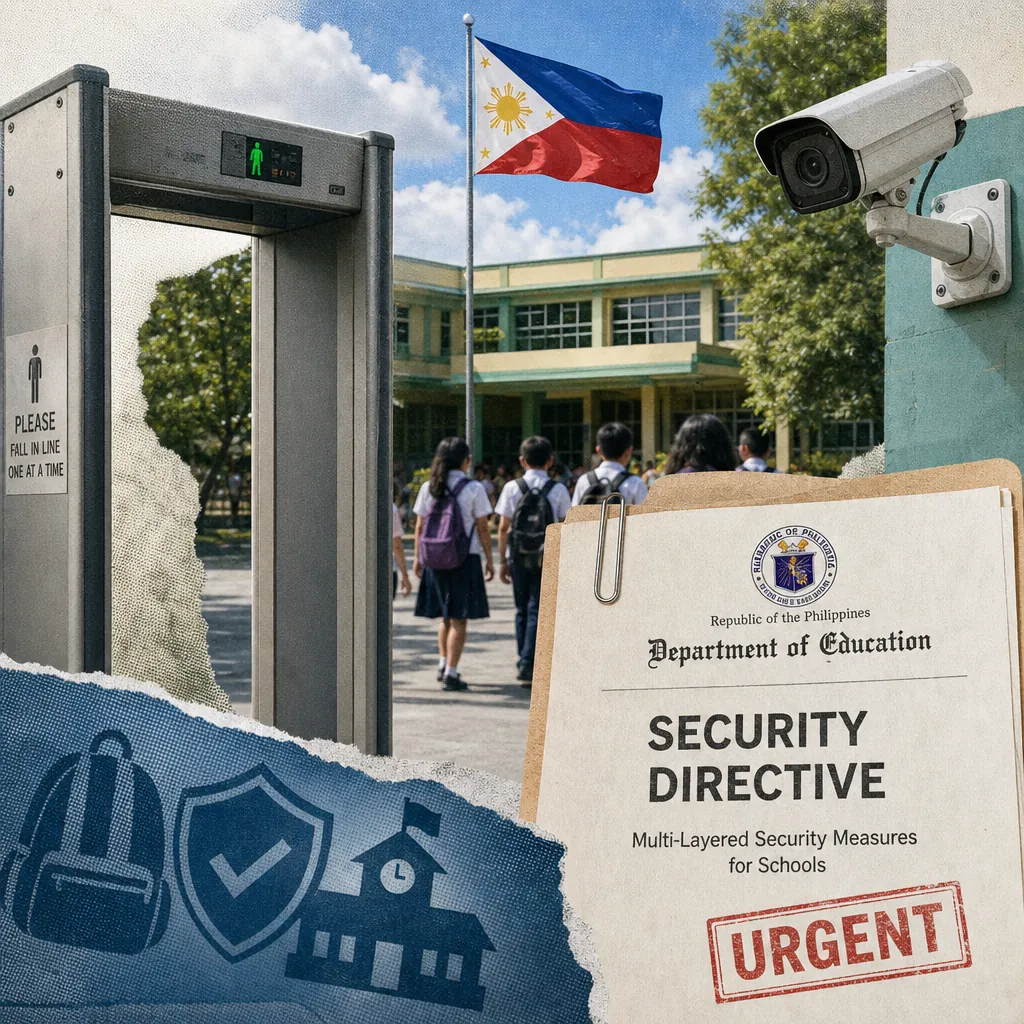 A school safety crisis grips the Philippines after deadly campus violence, showing students entering a school with a metal detector, security camera, and a Department of Education security directive marked urgent, with the Philippine flag in the background.