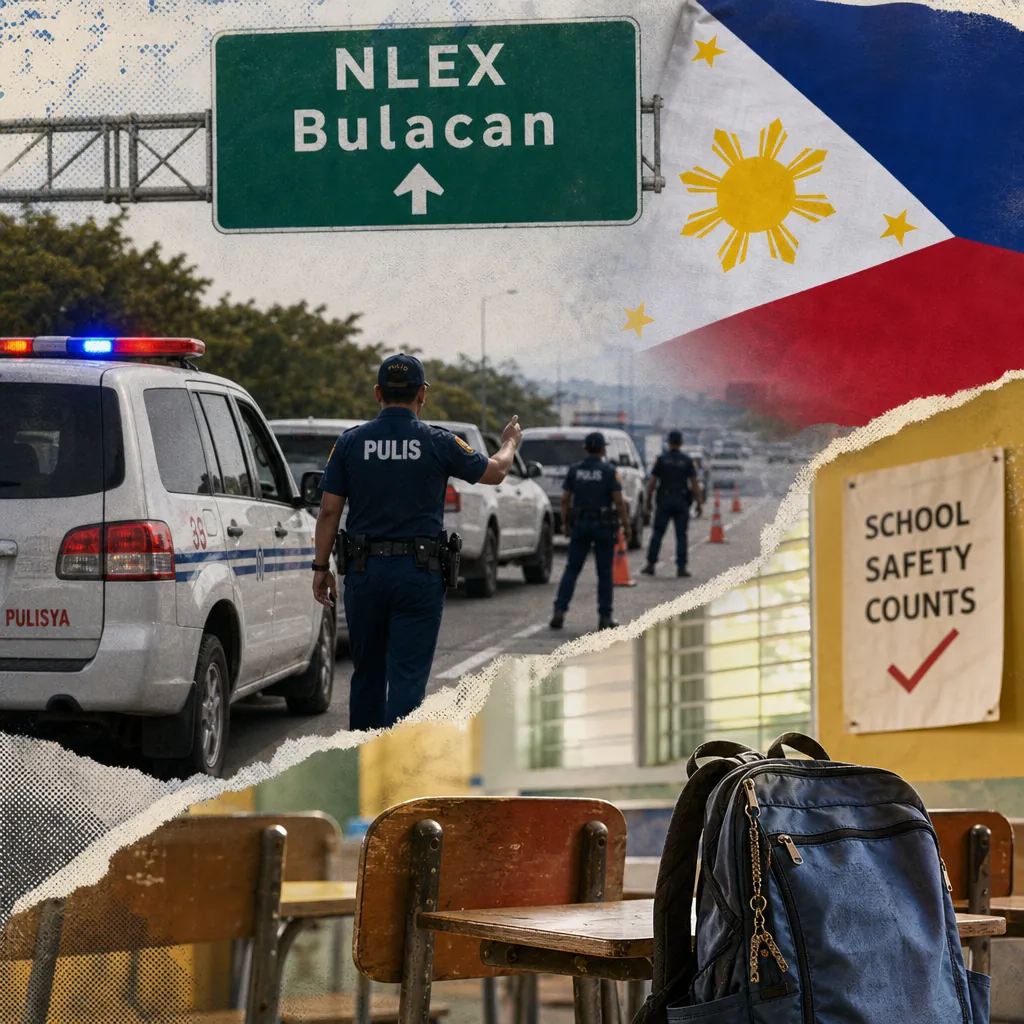 A collage showing police officers and patrol cars at an NLEX Bulacan checkpoint, the Philippine flag, and an empty classroom with a backpack and a sign reading "School Safety Counts," illustrating public safety concerns after a police shootout on NLEX and fatal school violence.