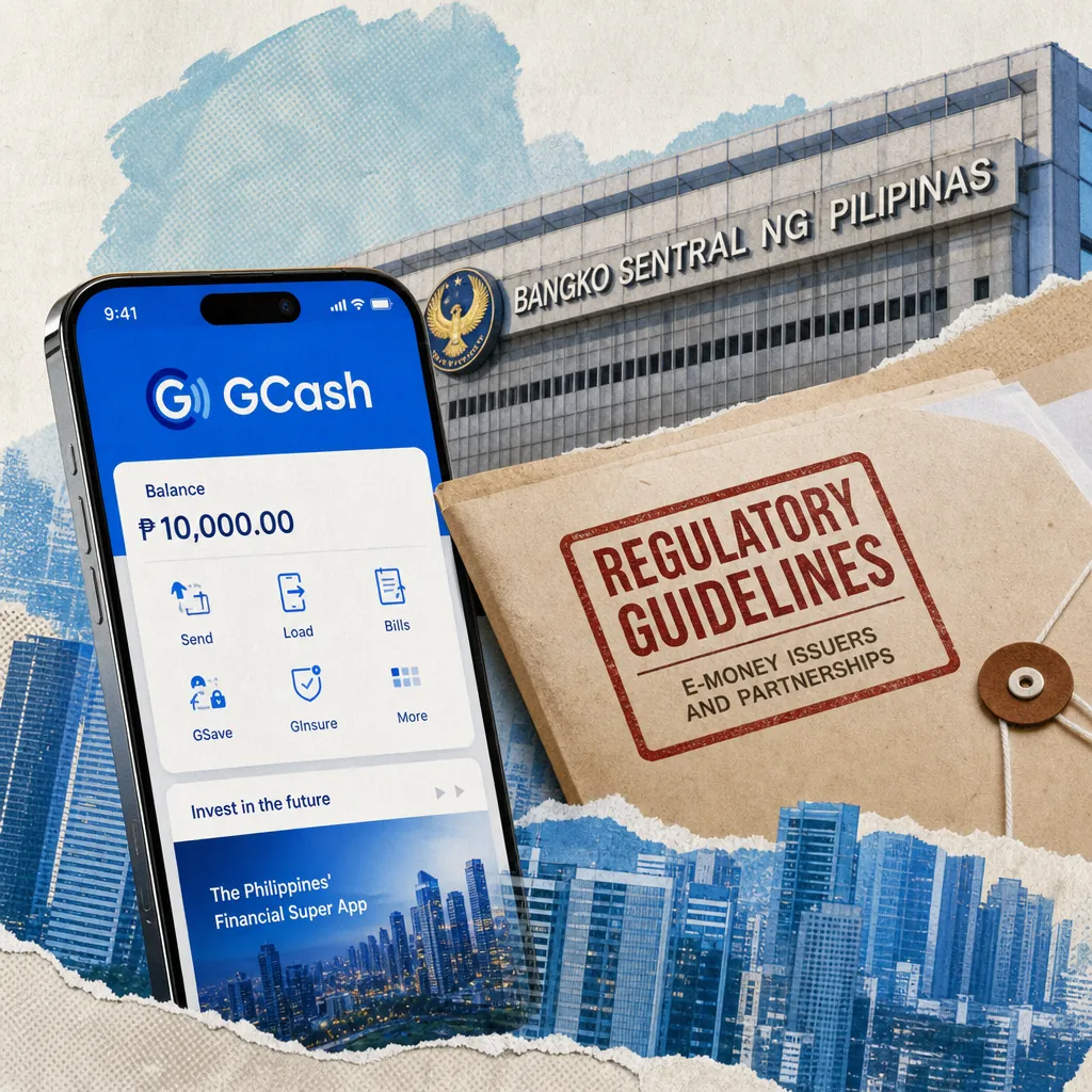 A smartphone displaying the GCash app with a balance of 10,000 pesos is shown in front of the Bangko Sentral ng Pilipinas building, alongside a folder labeled "Regulatory Guidelines: E-Money Issuers and Partnerships," representing the keyphrase BSP tightens e-money rules.