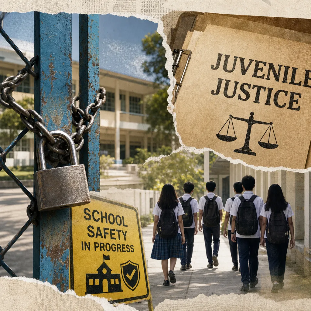 A collage showing a locked school gate with a "School Safety in Progress" sign, a group of students in uniform walking toward a school building, and a folder labeled "Juvenile Justice," illustrating the Tacloban school shooting and its impact on juvenile justice reform, school security, gun access, and youth exposure to violent media in the Philippines.