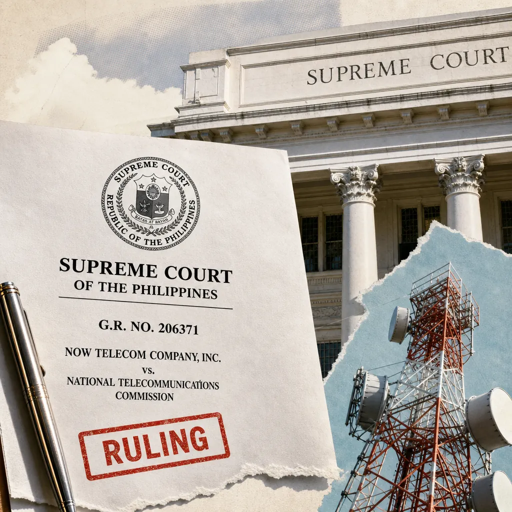 A collage showing a Supreme Court of the Philippines document with a "RULING" stamp, the facade of the Supreme Court building, and a telecommunications tower, illustrating the NTC wins P3.77B case vs NOW Telecom key signal.