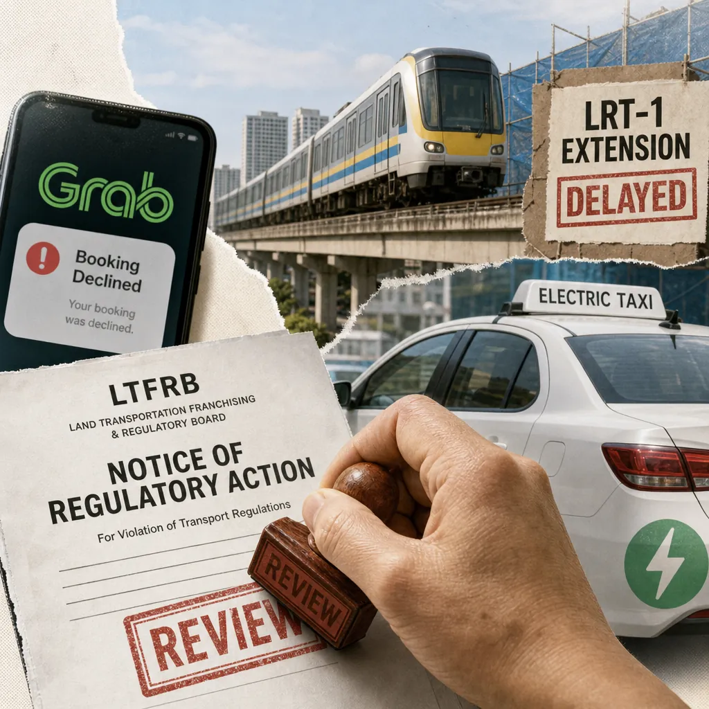 A collage showing a phone with a Grab booking declined message, an LRT-1 train on elevated tracks with a sign saying "LRT-1 Extension Delayed," a white electric taxi, and a hand stamping an LTFRB notice of regulatory action, representing Philippine transport news: LTFRB cracks down on Grab and EV taxis, LRT-1 faces delays, Cebu launches new PUV program, and e-mobility innovations emerge.