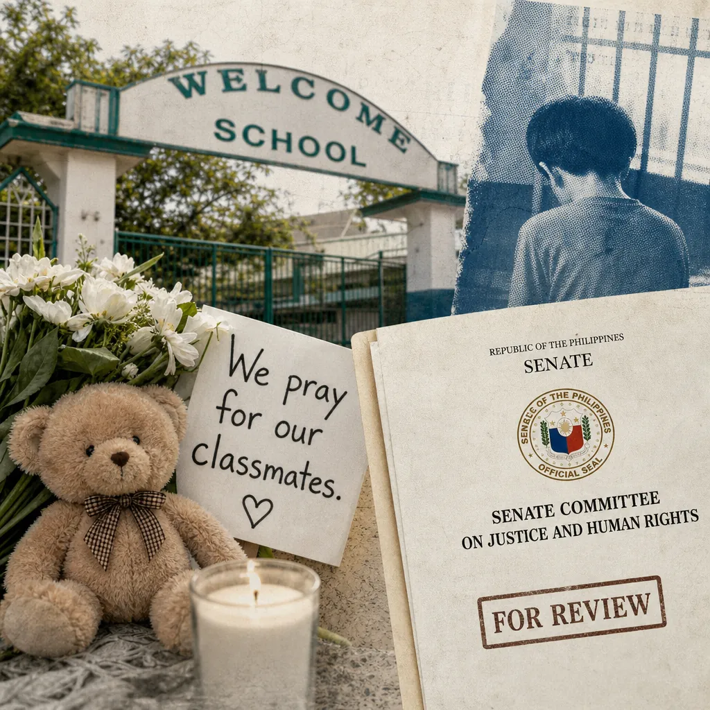 A collage showing a school entrance, a sad child with their back turned, a teddy bear, flowers, a candle, a sign reading "We pray for our classmates," and a Senate document labeled "For Review," illustrating the Tacloban school shooting sparks Senate probes.