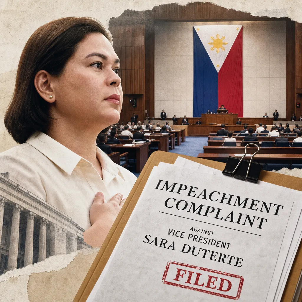 A serious woman stands with her hand on her chest in front of a government assembly hall with the Philippine flag, while a clipboard in the foreground displays a document labeled "Impeachment Complaint against Vice President Sara Duterte FILED," illustrating the impeachment trial of VP Duterte.
