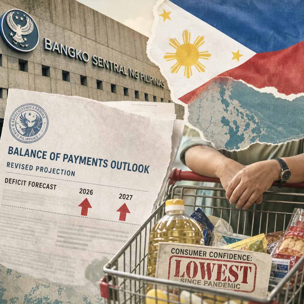 A collage showing the Bangko Sentral ng Pilipinas building, a torn Philippine flag, a Balance of Payments Outlook report with rising deficit forecasts for 2026 and 2027, and a person pushing a grocery cart filled with food and a sign reading "Consumer Confidence: Lowest Since Pandemic," illustrating BSP widens BOP deficit forecasts as consumer confidence hits pandemic lows.