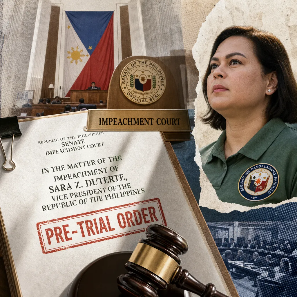 A collage showing a courtroom with the Philippine flag, a woman in an official uniform, a document labeled "Impeachment Court" and "Pre-Trial Order," and a judge’s gavel, illustrating a day of legal and political turmoil in the Philippines: plunder charges, case dismissals, impeachment drama, and public cynicism over anti-corruption claims.