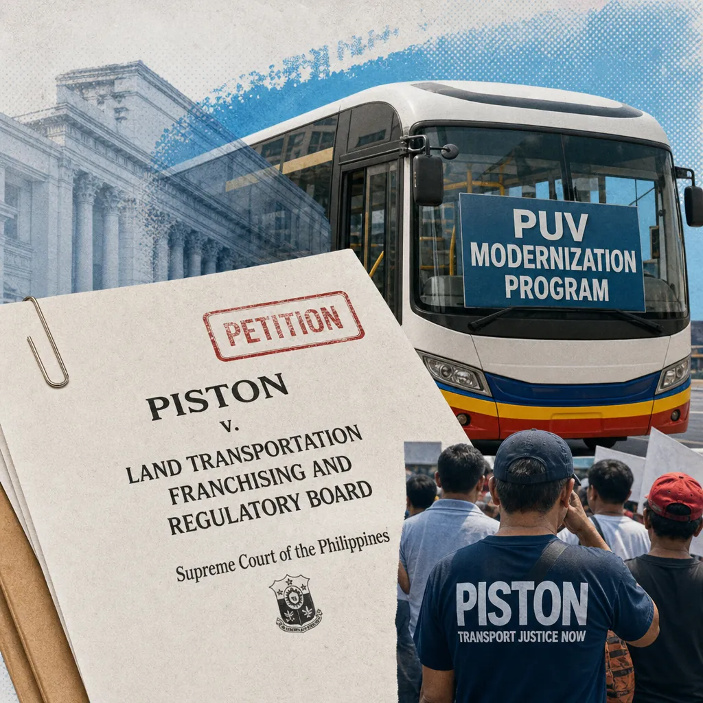 A collage showing a bus with a "PUV Modernization Program" sign, a legal petition document titled "PISTON v. Land Transportation Franchising and Regulatory Board," and a group of people, one wearing a "PISTON Transport Justice Now" shirt, representing the key stories: legal challenge to PUV modernization, viral road safety incident, Roblox age restrictions, immigration arrests, and heightened local security.