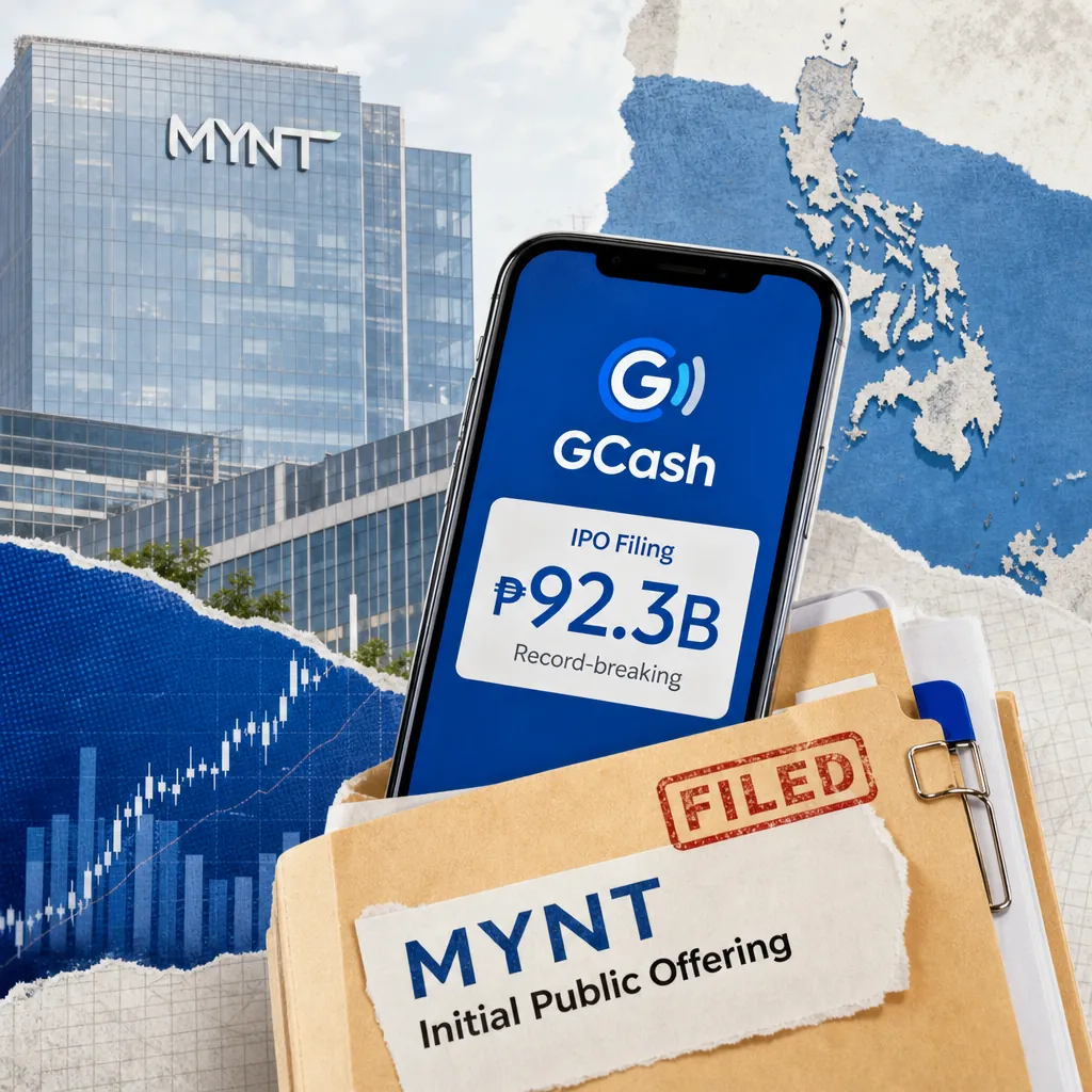 A collage showing a MYNT office building, a smartphone displaying GCash with a record-breaking IPO filing of ₱92.3B, a folder labeled MYNT Initial Public Offering, a stock market chart, and a map of the Philippines, illustrating the record Mynt IPO and signaling fintech, digital, and security growth.