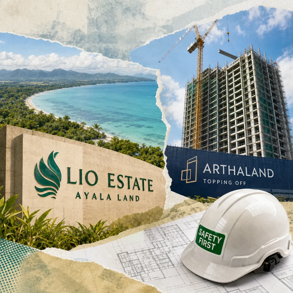 Collage showing a beachfront estate sign for Lio Estate Ayala Land, a high-rise building under construction with an Arthaland banner, and a white hard hat labeled "Safety First" on top of blueprints, illustrating Philippine real estate developer expansion, project milestones, safety and governance risks, and low social media engagement amid shifting buyer preferences.