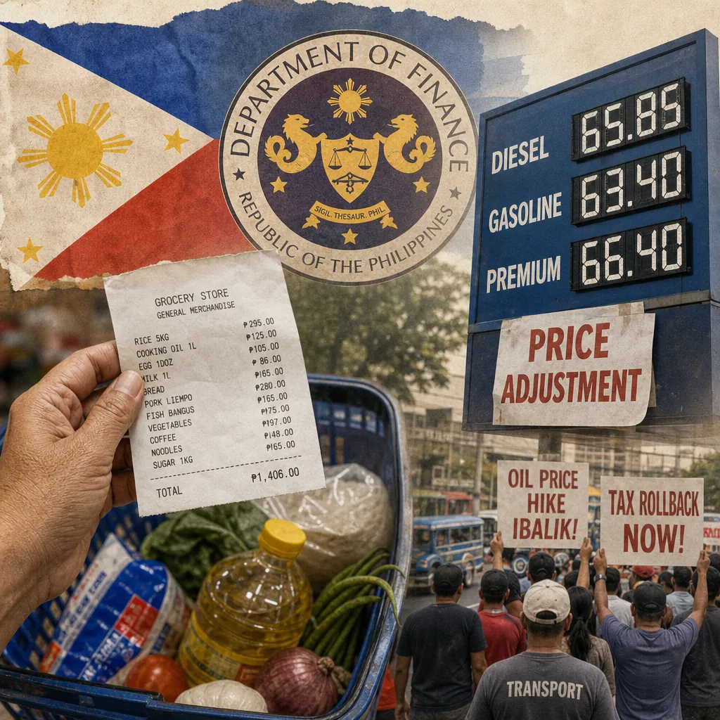 A collage showing a grocery receipt and basket of food, a fuel price sign with high prices, protesters holding signs demanding lower oil prices and tax rollback, and the Philippine Department of Finance seal, illustrating Filipinos facing high food and fuel prices despite easing inflation.