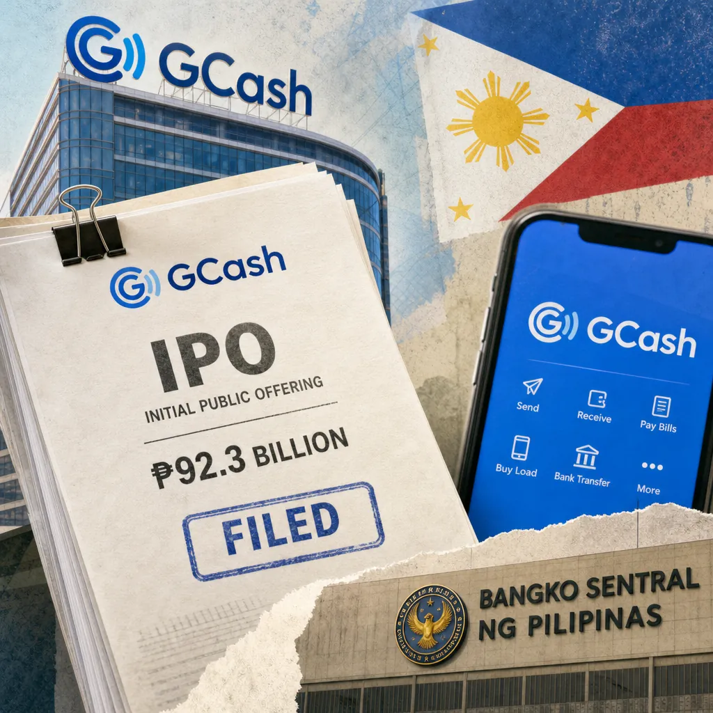 A collage showing a GCash building, a Philippine flag, a smartphone with the GCash app, a document labeled "GCash IPO ₱92.3 billion filed," and the Bangko Sentral ng Pilipinas building, representing a pivotal shift in Philippine digital banking and fintech.