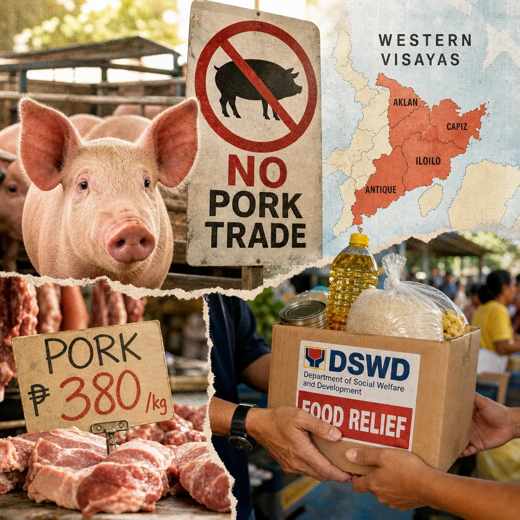 Collage showing a pig, a "No Pork Trade" sign, a map of Western Visayas, raw pork with a price tag, and a food relief box, illustrating the African Swine Fever outbreak in Western Visayas and its impact on pork trade bans, food supply, and prices.