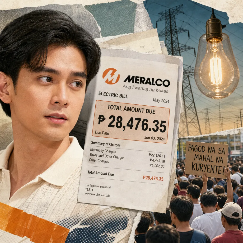 A collage showing a concerned man, a large Meralco electric bill with a high amount due, a glowing light bulb, power lines, and a crowd holding a sign that says "Pagod na sa mahal na kuryente!", illustrating a viral Meralco bill complaint spotlights high electricity costs.
