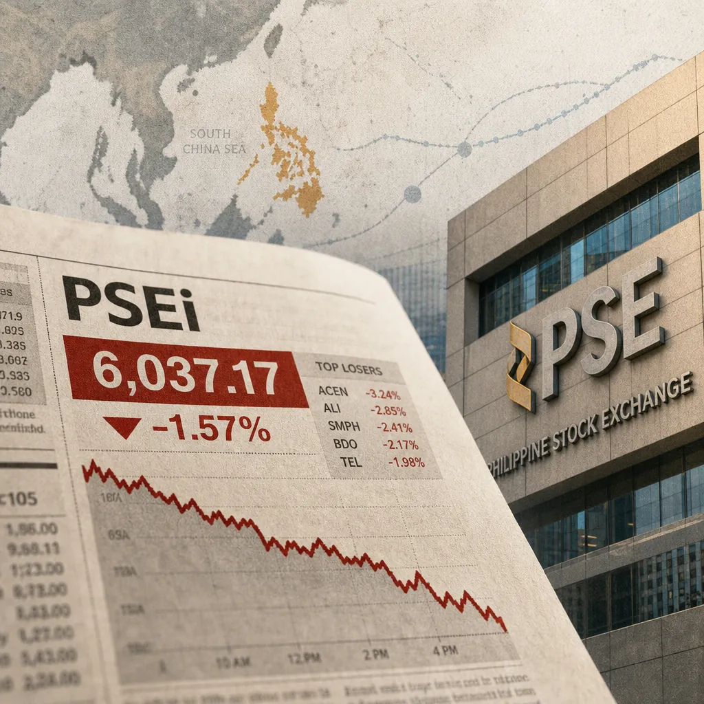 A newspaper shows the PSEi dropping to 6,037.17 with a sharp downward graph, in front of the Philippine Stock Exchange building, and a map of the Philippines in the background, illustrating PSEi drops below 6,100 on geopolitical, economic worries.