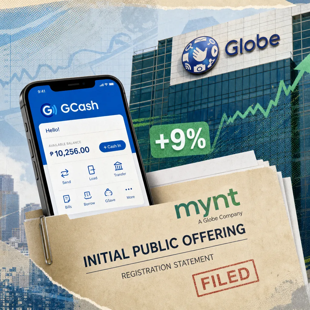 A collage showing a smartphone with the GCash app, a Globe Telecom building with a rising stock chart and a +9% sign, and a folder labeled "mynt initial public offering registration statement filed," illustrating Globe Telecom surges on Mynt IPO news.