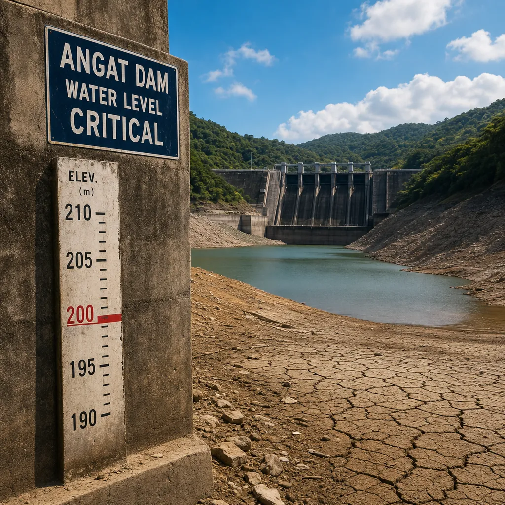 A view of Angat Dam with a sign reading "Angat Dam Water Level Critical" and a water level marker showing the water below the critical line, illustrating Angat Dam dips below critical.