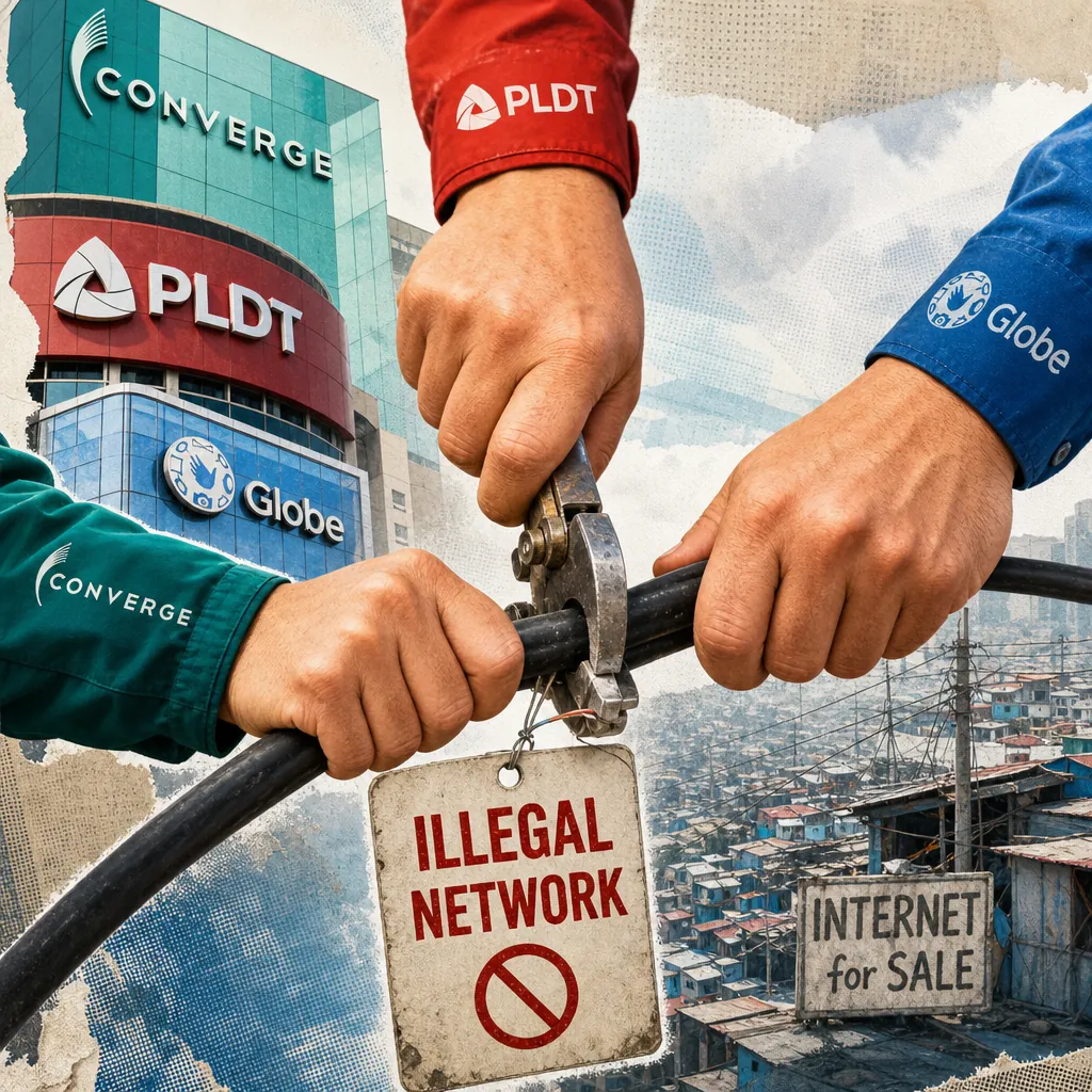 Three hands wearing jackets with Converge, PLDT, and Globe logos cut a cable labeled "Illegal Network" against a backdrop of telecom buildings and a city, symbolizing Philippine telcos unite vs. infrastructure theft.