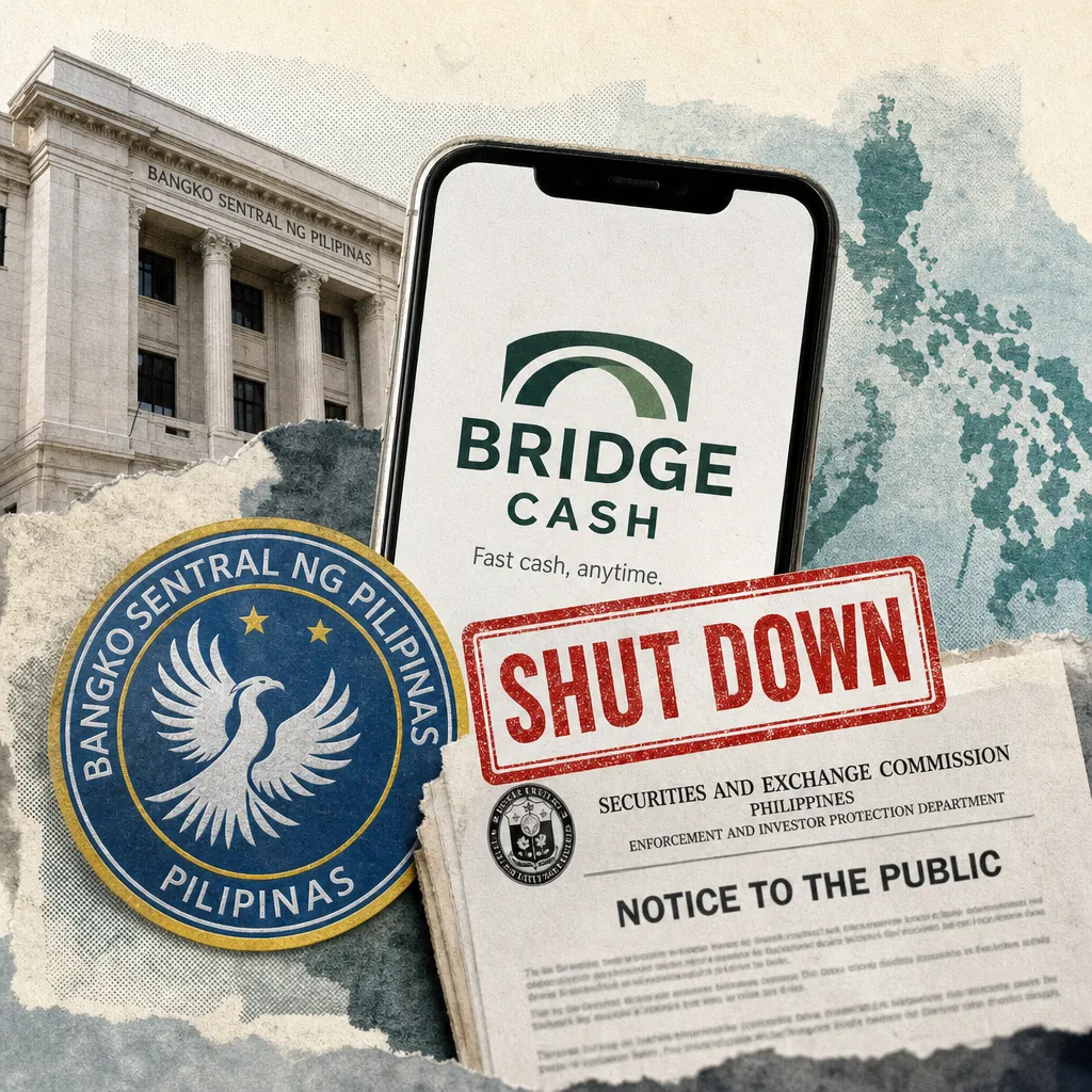 Collage showing the Bangko Sentral ng Pilipinas building, a phone displaying a digital finance app, the BSP seal, a map of the Philippines, and a SEC notice with a red "SHUT DOWN" stamp, illustrating Philippine news highlights digital financial inclusion.