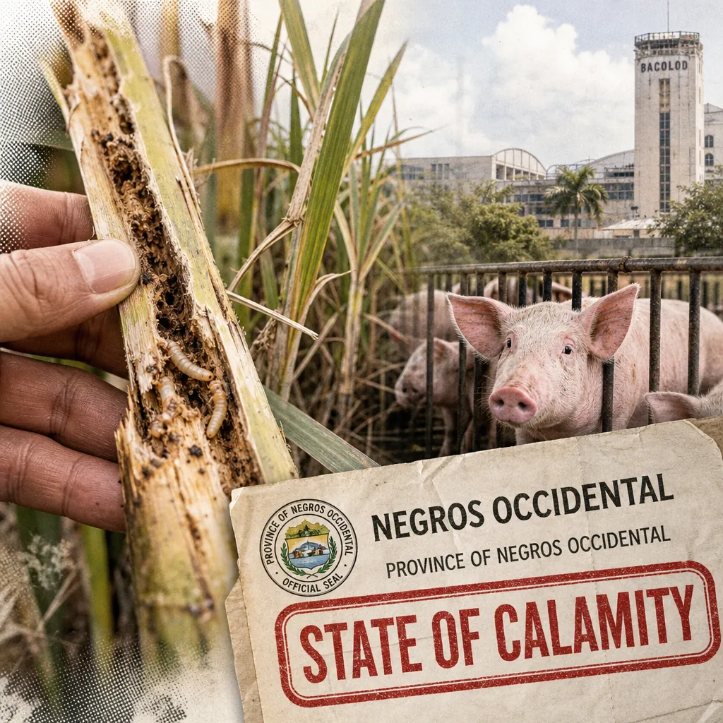 A close-up of a hand holding a damaged sugarcane stalk infested with pests, a pig in a pen, sugarcane fields, and a Bacolod city building in the background, with a document labeled "Negros Occidental State of Calamity," illustrating the Negros Occidental faces a sugarcane pest crisis.