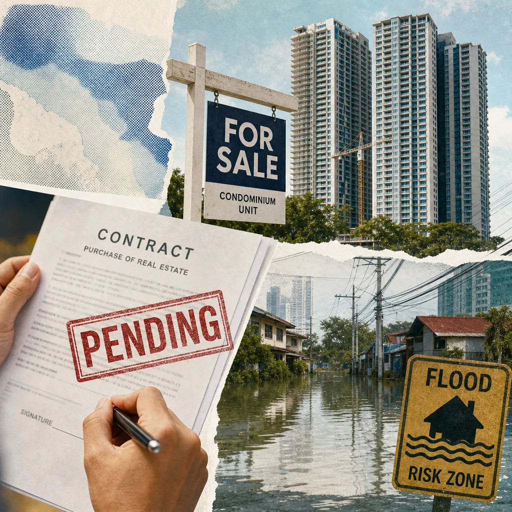 A collage showing the Philippine flag, a modern shopping mall labeled Ayala Malls Solenad, a flooded residential street with a "Flood Prone Area" sign and a person wading through water, and a contract to sell marked "Pending," illustrating Philippine real estate talk about buyer trust, flood risk, legal transparency, and retail growth.