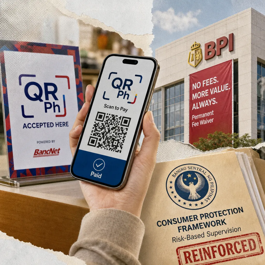 A collage showing a QR Ph payment sign, a hand holding a phone displaying a QR Ph scan to pay screen, the BPI bank building with a banner about permanent fee waivers, and a document labeled Bangko Sentral ng Pilipinas Consumer Protection Framework, illustrating QR Ph overtakes cards as top payment method.