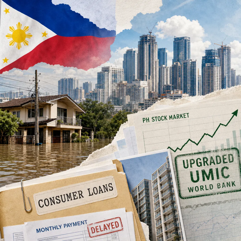 A collage showing a flooded house, a city skyline with high-rise buildings, documents labeled "consumer loans" and "monthly payment delayed," a rising stock market chart, and the Philippine flag, illustrating Philippine real estate faces split realities: floods and financing woes dominate public concern, while developers and markets show optimism amid climate risks.