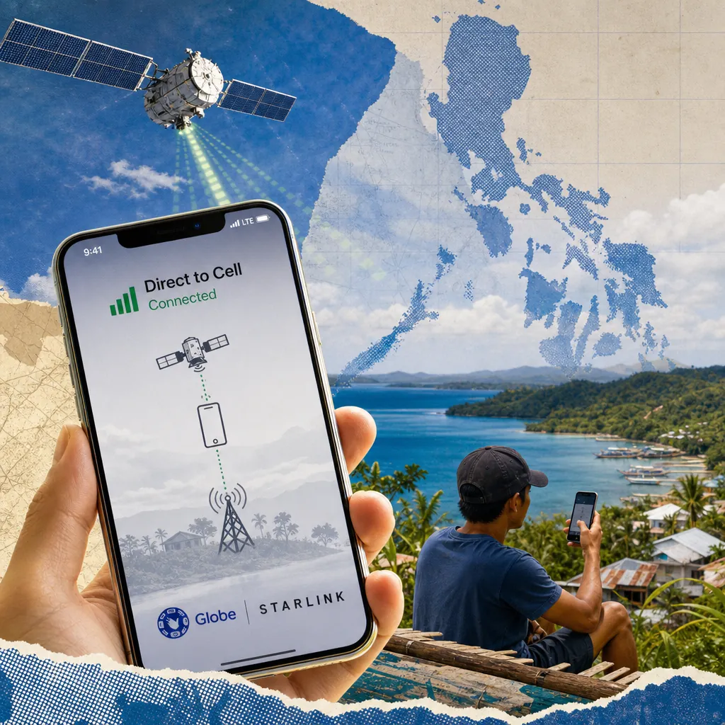 A hand holds a smartphone showing a "Direct to Cell Connected" screen with Globe and Starlink logos, while a man uses his phone overlooking a coastal village, with a satellite beaming signals and a map of the Philippines in the background, illustrating the Philippine telco sector sees Globe-Starlink satellite launch.