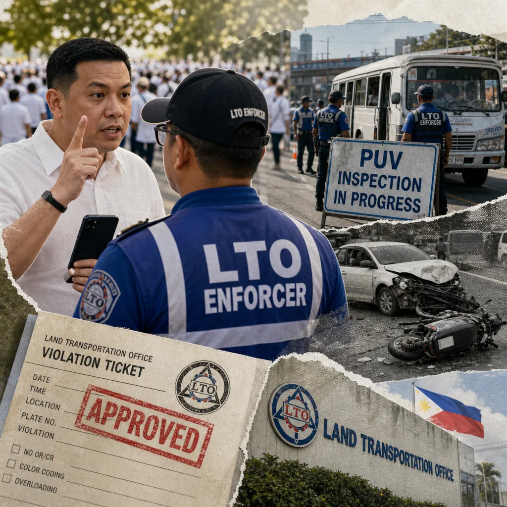 A collage showing a heated argument between a man and an LTO enforcer, LTO officers inspecting public vehicles, a car and motorcycle crash, an LTO violation ticket marked "approved," and the Land Transportation Office building, illustrating the crisis of public trust in LTO enforcement.