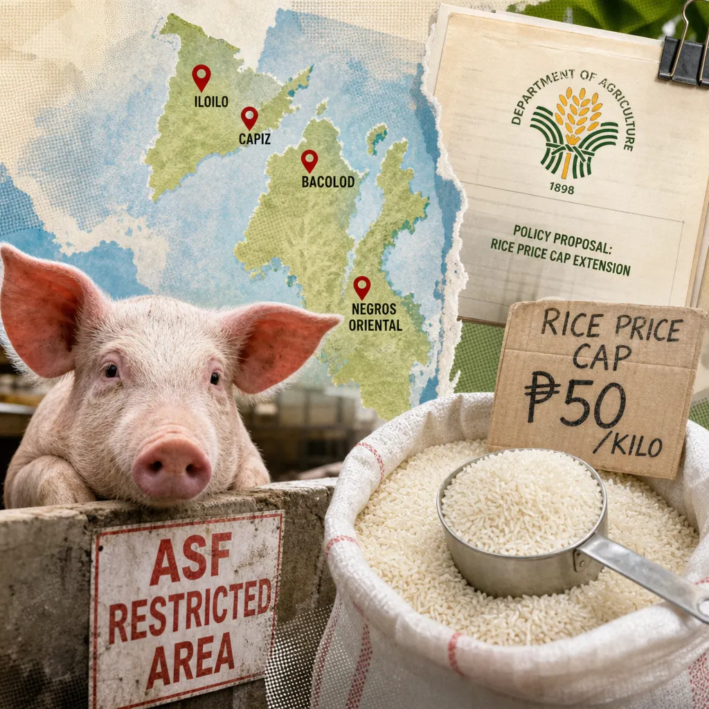 A pig behind an ASF restricted area sign, a sack of rice with a price cap sign, a Department of Agriculture policy proposal, and a map of the Philippines highlighting Iloilo, Capiz, Bacolod, and Negros Oriental, illustrating food price anxiety in the Philippines.