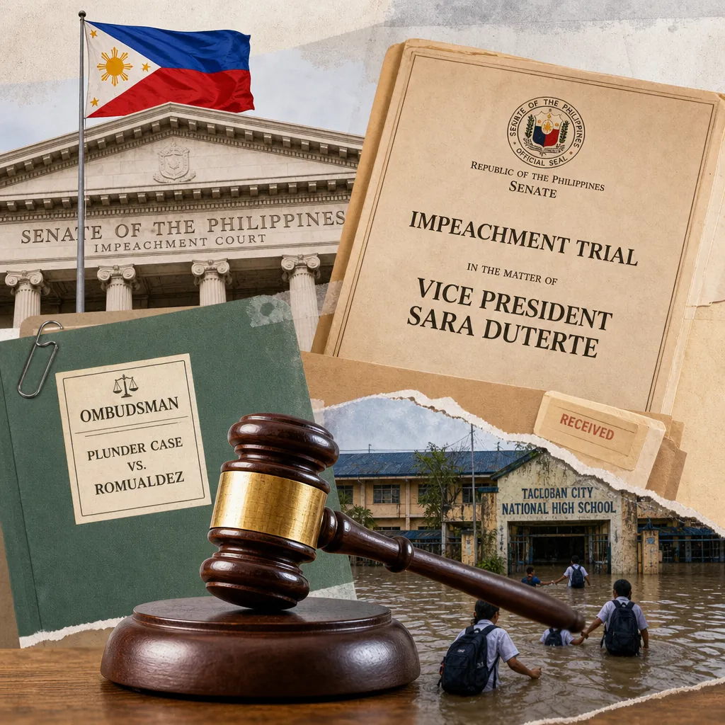 A collage showing the Philippine Senate building with a flag, folders labeled "Impeachment Trial in the Matter of Vice President Sara Duterte" and "Ombudsman Plunder Case vs. Romualdez," a judge’s gavel, and students wading through floodwaters outside Tacloban City National High School, illustrating Philippine politics heat up with VP Duterte’s impeachment, INC rallies, flood control scandal, juvenile justice debate, and economic gains met with skepticism.