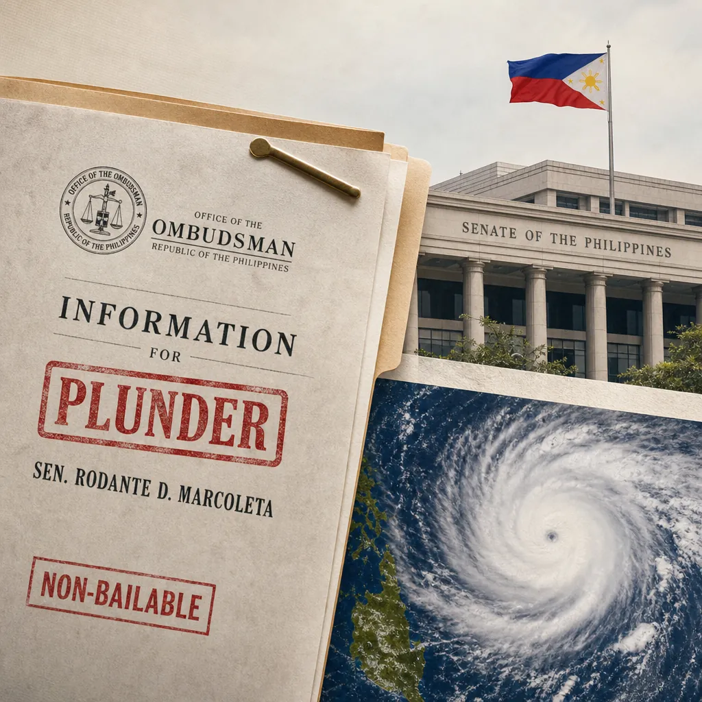 A collage showing a plunder charge document for Senator Marcoleta, the Senate of the Philippines building with the national flag, and a satellite image of Super Typhoon Bavi approaching the Philippines, illustrating political turmoil peaks as Senator Marcoleta faces plunder charges, VP Duterte's impeachment trial nears, and Super Typhoon Bavi threatens the Philippines.