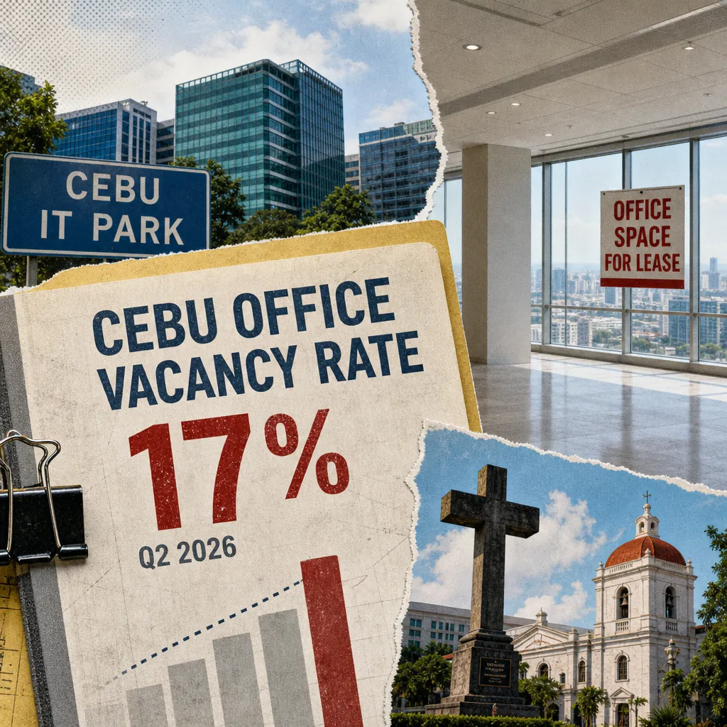 A collage showing Cebu IT Park office buildings, an empty office with an "Office Space For Lease" sign, a chart reading "Cebu office vacancy rate 17% Q2 2026," and a Cebu landmark, illustrating Philippine real estate faces policy shifts, soft office demand, security concerns, and rising sustainability.