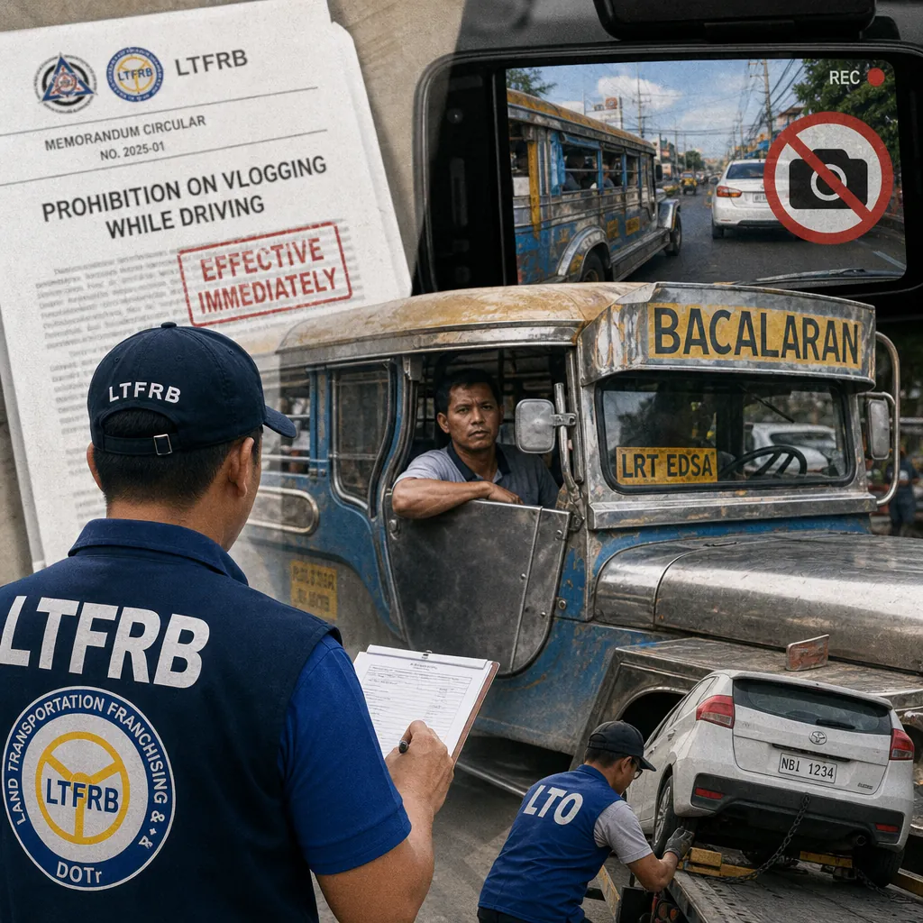 A collage showing a jeepney driver being inspected by an LTFRB officer, an LTO officer towing a car, a memorandum banning vlogging while driving, and a dashboard camera view with a no-vlogging symbol, illustrating the Philippines cracks down on reckless PUV driving after viral videos.
