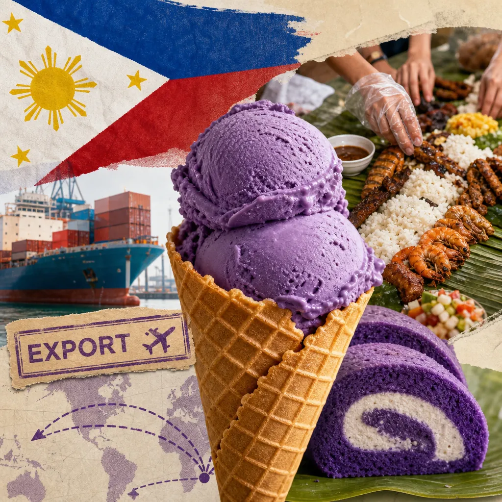 A collage showing a scoop of ube ice cream in a cone, a slice of ube roll cake, a Filipino boodle fight meal with grilled seafood and rice, a shipping container vessel, the Philippine flag, and an export stamp with a world map, illustrating Filipino cuisine gains global acclaim as ube rises.