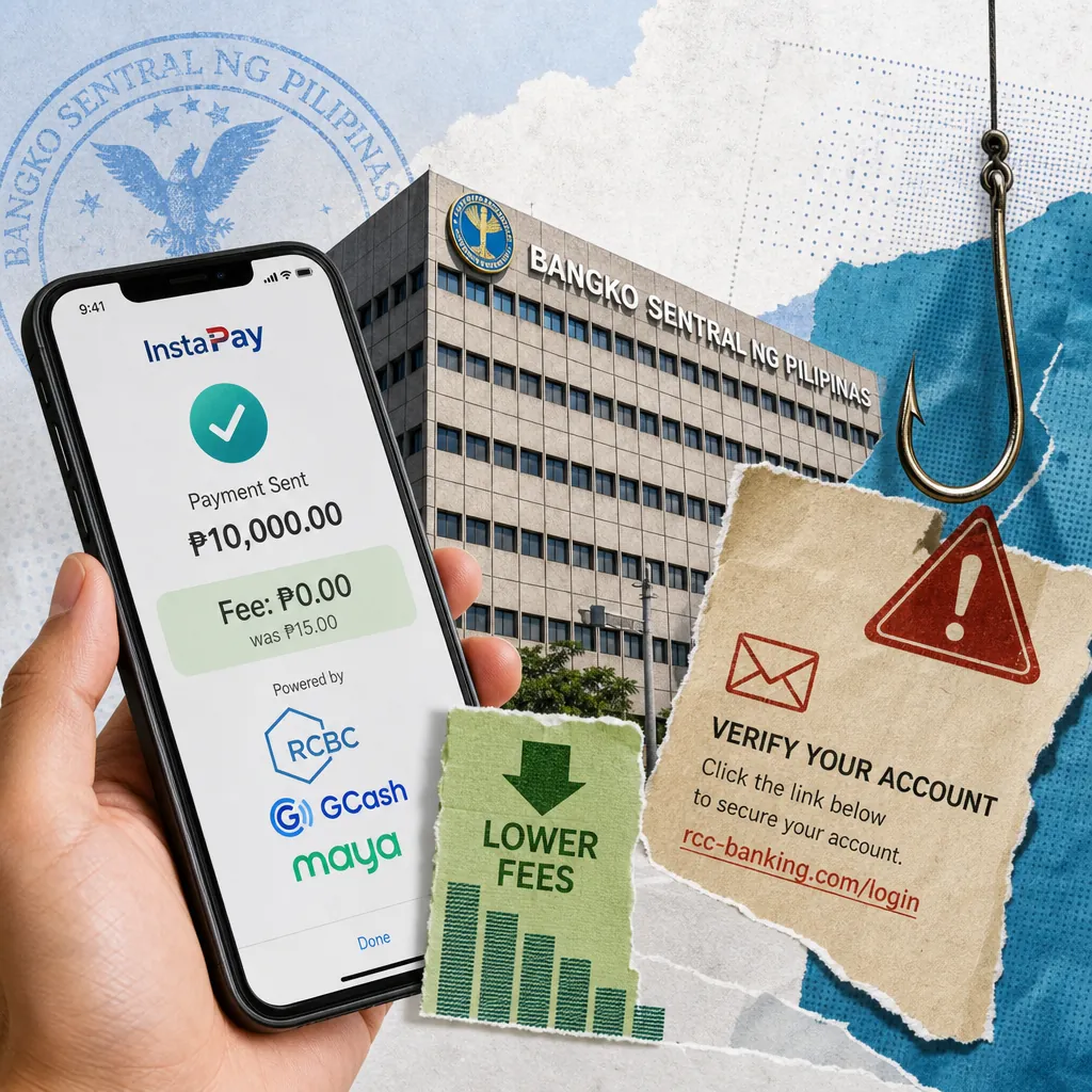 A hand holds a phone showing a successful InstaPay transfer with zero fees, in front of the Bangko Sentral ng Pilipinas building; nearby are graphics of a phishing hook, a fake verification notice, and a chart labeled "lower fees," illustrating Philippine banks race to cut InstaPay fees under BSP pressure, but rising digital fraud sparks security concerns as users demand both free transfers and safety.