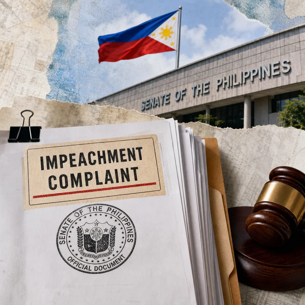 A stack of official documents labeled "Impeachment Complaint" with the Senate of the Philippines seal, a judge's gavel, and the Senate of the Philippines building with the national flag, representing Philippines faces political turmoil with VP Duterte’s impeachment, plunder cases, and disaster threats from Super Typhoon Bavi and Kanlaon Volcano unrest.