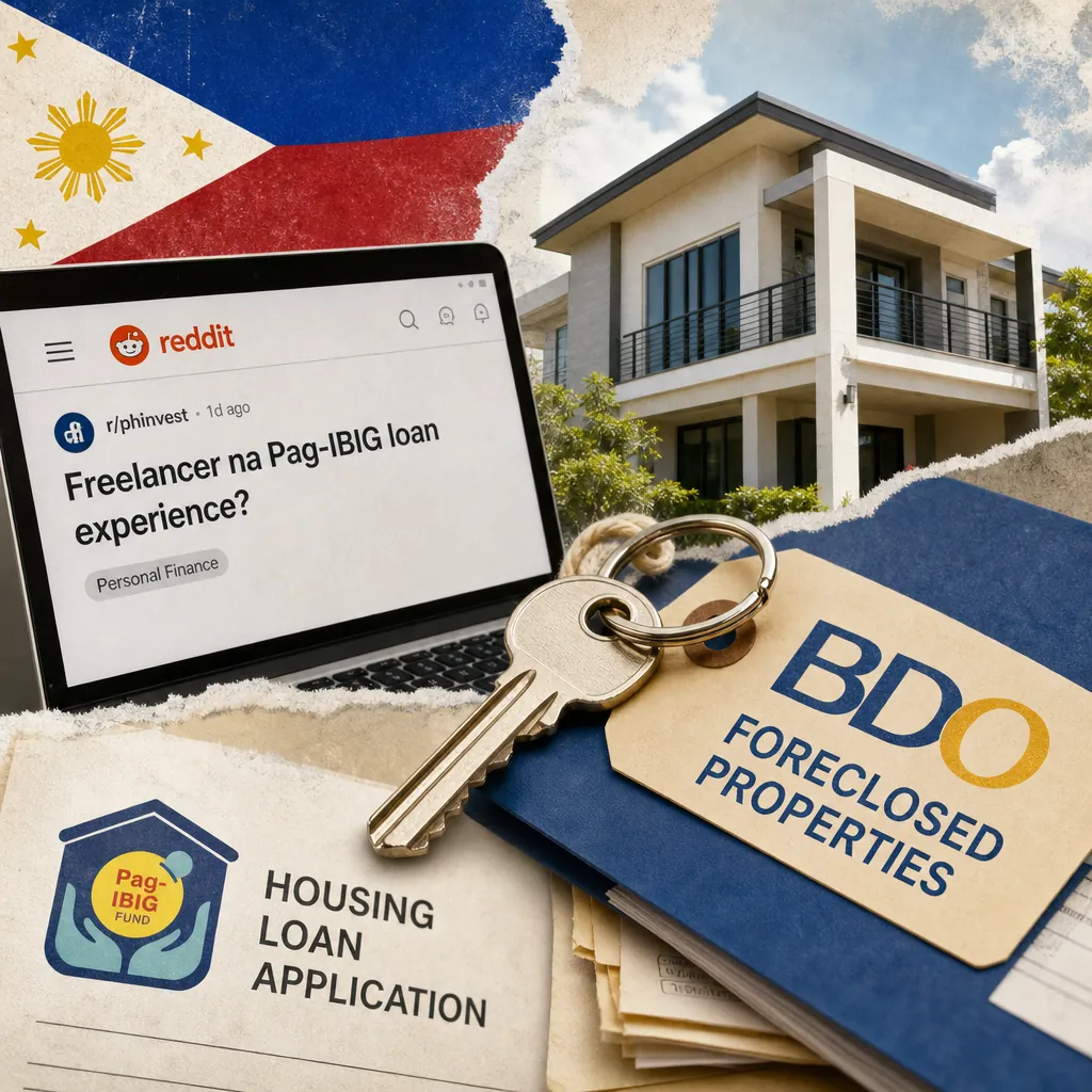 A collage showing a modern house, a laptop with a Reddit post about Pag-IBIG loan experience for freelancers, a Philippine flag, a Pag-IBIG housing loan application form, a folder labeled BDO foreclosed properties with a key, visually representing Philippine housing talk centers on freelancer finance, bank-owned homes, and commute issues.