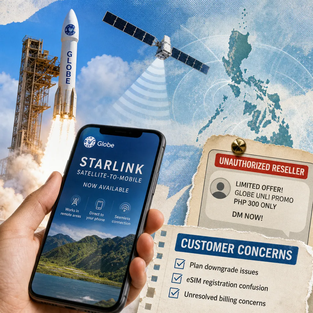 A hand holds a phone displaying "Globe Starlink satellite-to-mobile now available" with icons for remote access and seamless connection, while a Globe-branded rocket launches and a satellite beams signals over a map of the Philippines; nearby, a warning about unauthorized resellers and a list of customer concerns highlight telco chatter surged as Globe Starlink launched.