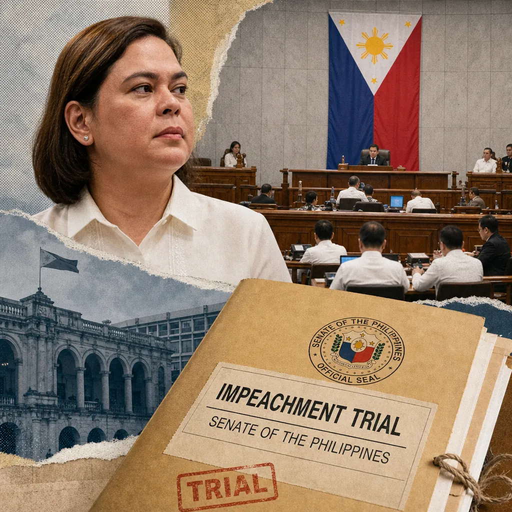 A collage showing a serious woman in formal attire, a Philippine Senate session with officials seated under a large Philippine flag, an old government building, and a folder labeled "Impeachment Trial Senate of the Philippines," illustrating public skepticism dominates as VP Sara Duterte’s impeachment trial, flood control scandal, and economic upgrade spark disbelief, polarization, and viral mockery.