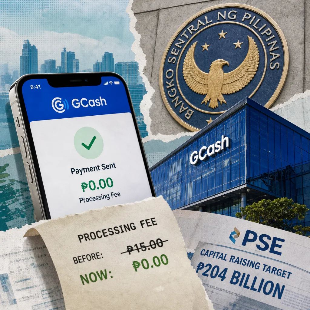 A collage showing a smartphone with a GCash payment confirmation and zero processing fee, a receipt with processing fees reduced to zero, the Bangko Sentral ng Pilipinas seal, the GCash building, and a Philippine Stock Exchange sign, illustrating Philippine banks cut digital transfer fees as BSP enforces new rules.