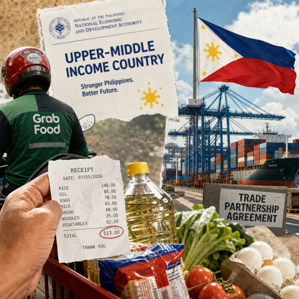 A collage showing a Grab Food delivery rider, a grocery receipt with high prices, food items like oil, eggs, and vegetables, a Philippine flag at a busy shipping port, and signs reading "Upper-Middle Income Country" and "Trade Partnership Agreement," illustrating the clash of upbeat government economic claims and public frustration over inflation, politicized boycotts, and new food safety regulations.