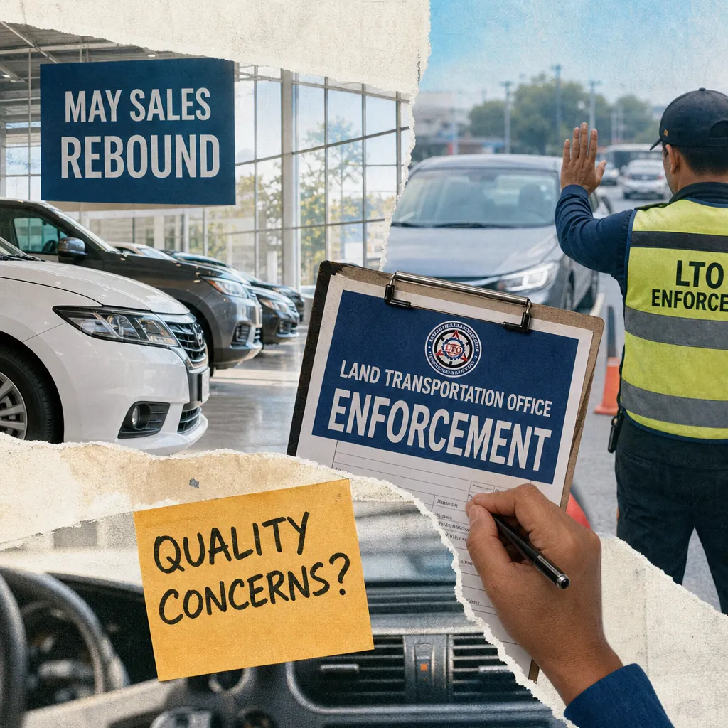 A collage showing a car dealership with a "May Sales Rebound" sign, an LTO enforcement officer directing traffic, a clipboard labeled "Land Transportation Office Enforcement," and a sticky note reading "Quality Concerns?" to illustrate Philippine auto sales rebounded in May with xEV growth, but law enforcement stories, regulatory crackdowns, and consumer distrust dominated the conversation.